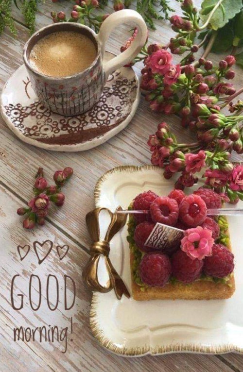 Good morning card, raspberries and a cup of coffee