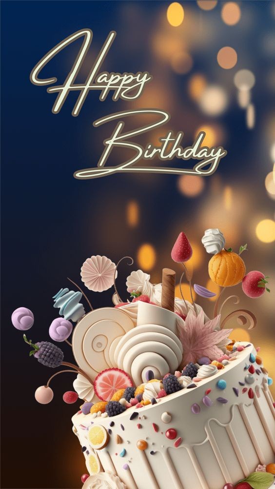 Card with a beautiful birthday cake on the background of lights