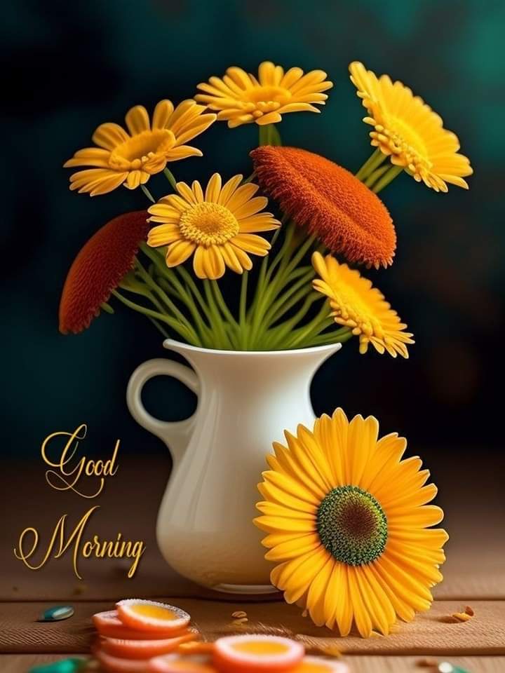 Picture with a bouquet of sunflowers and a good morning wish