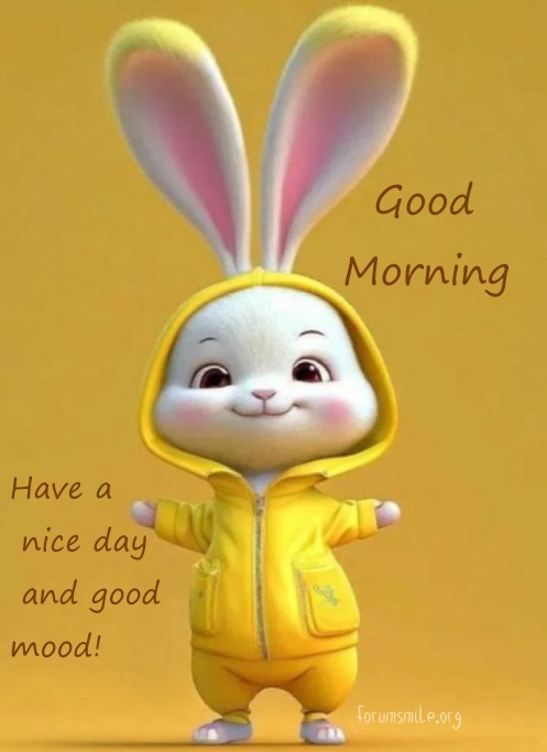 Good morning image with cute bunny - have a nice day and good mood
