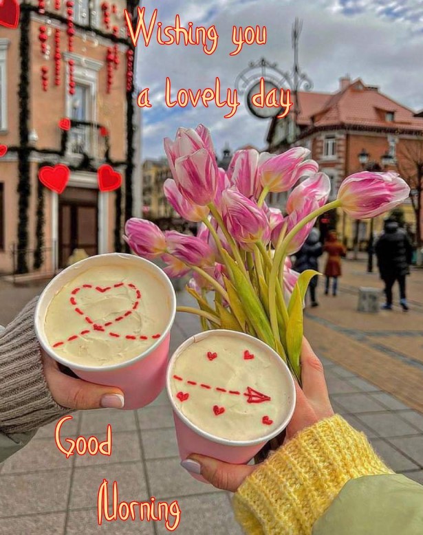 Good morning image - 2 cups of coffee, heart and flowers