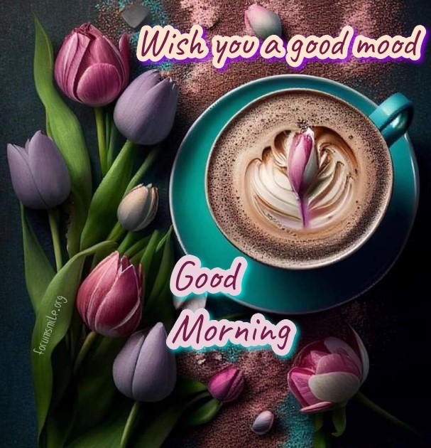 Good morning image with tulips and coffee, wish you a good mood 