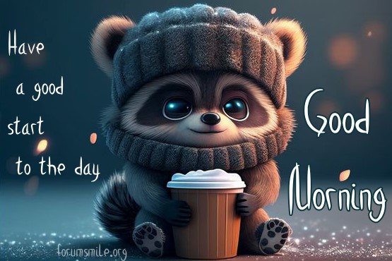 Cute raccoon with a cup of tee (or tea) wishes a good start to the day