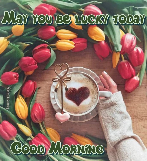 Good morning image with coffee, tulips and heart