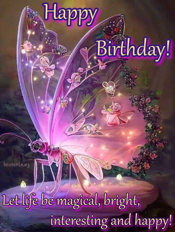 Happy Birthday image with magical butterfly and flowers