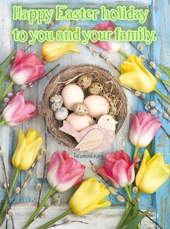 Happy Easter image with eggs, bird and tulips
