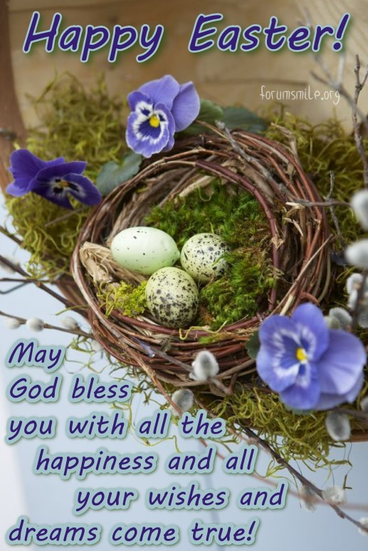 Happy Easter image with eggs and flowers